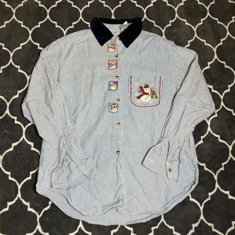 Victoria Jones Petites Vintage Snowman Embroidered Stripe Shirt Velvet Collar PM